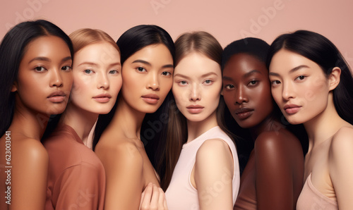 Face portrait, beauty and group of women in studio on gray background. Cosmetics, makeup and diversity of female models with glowing and flawless skin