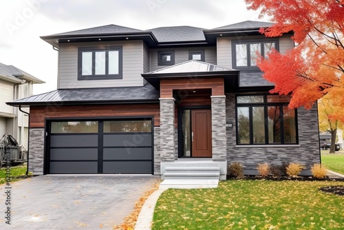 Spacious Front Yard & Double Garage: A Modern New Construction House with Gray Siding & Natural Stone Features, generative AI