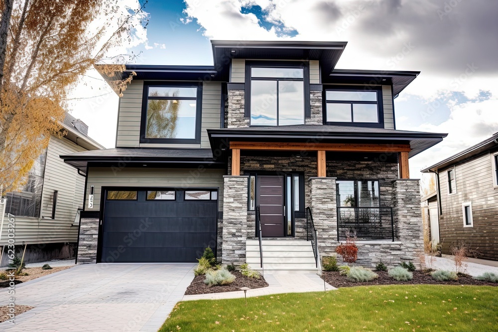 Spacious Front Yard and Double Garage: Discover the Allure of a Modern New Construction House with Dark Green Siding and Natural Stone Features, generative AI Spacious Front Yard and Double Garage: Discover the Allure of a Modern New Construction House with Dark Green Siding and Natural Stone Features, generative AI