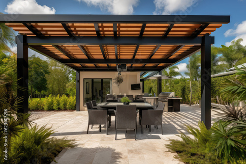 Trendy outdoor patio pergola shade structure, awning and patio roof, garden lounge, chairs, metal grill surrounded by landscaping, generative AI