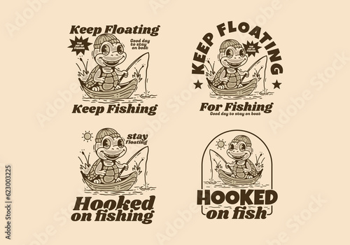 Mascot character design of fishing turtle on the boat