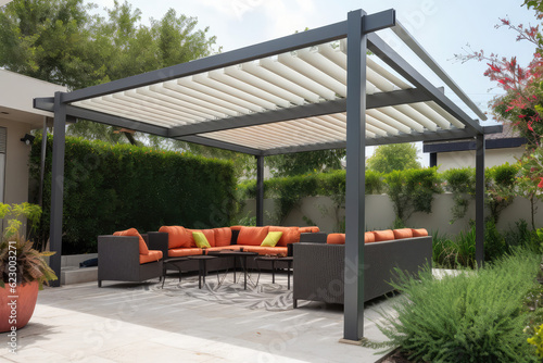 Trendy outdoor patio pergola shade structure, awning and patio roof, garden lounge, chairs, metal grill surrounded by landscaping, generative AI