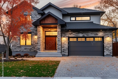 Spacious Front Yard and Double Garage: Discover the Charms of a Modern New Construction House with Light Gray Siding and Natural Stone Features, generative AI
