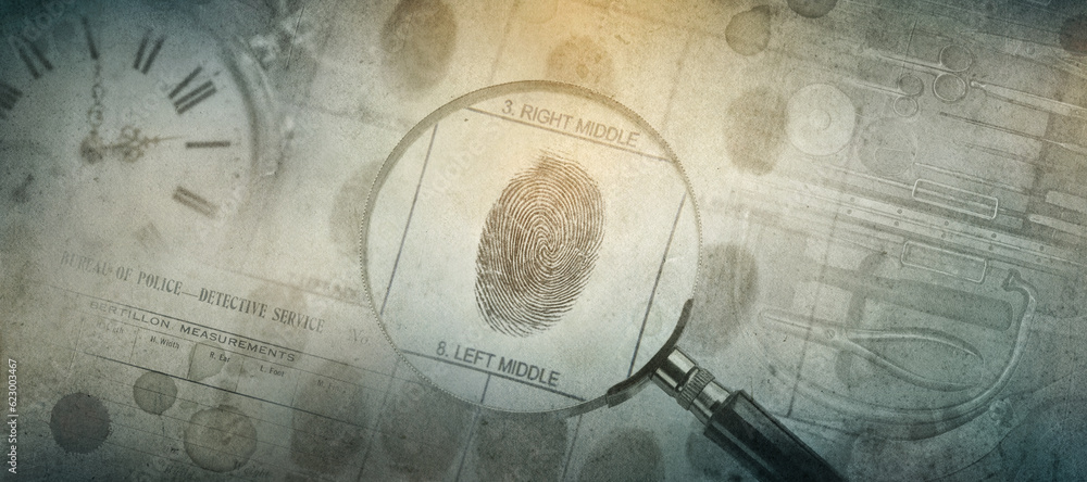 Magnifier, fingerprint, blood drops, watch, medical instrument, police form. Background on the theme of crime, police, detective, investigation, consequent; inquiry; inquest. Old retro style. Magnifier, fingerprint, blood drops, watch, medical instrument, police form. Background on the theme of crime, police, detective, investigation, consequent; inquiry; inquest. Old retro style.