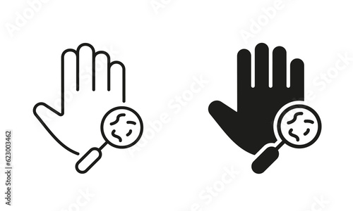 Bacteria, Germs, Microbes, Bacilli on Dirty Hands Line and Silhouette Icon Set. Magnifier and Human Hand with Virus and Bacteria Symbol Collection. Medical Research Sign. Isolated Vector illustration