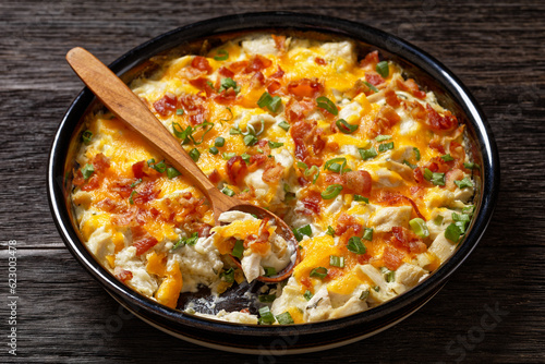 chicken bake in creamy sauce with cheese, bacon