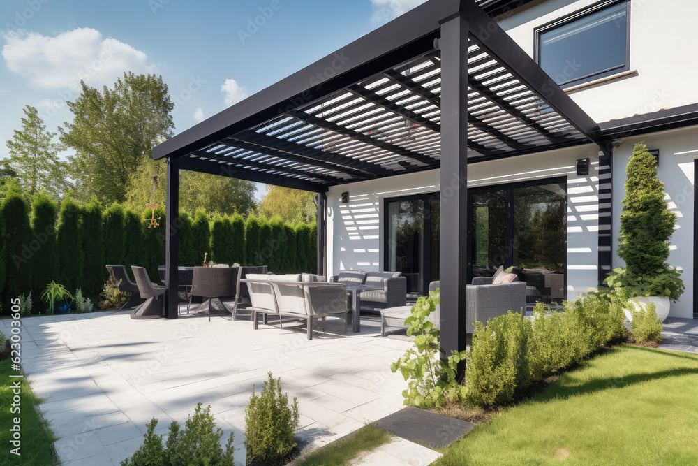 Trendy outdoor patio pergola shade structure, awning and patio roof, garden lounge, chairs, metal grill surrounded by landscaping, generative AI