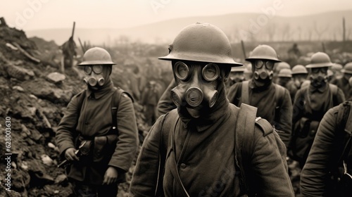 First World War Soldiers in Trenches Anticipating Gas Attack, Donning Masks: Historical Warfare Reality Generative AI Illustration