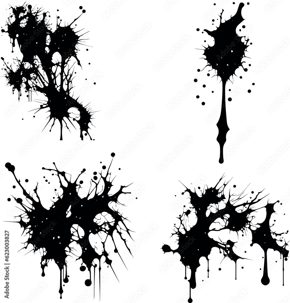 Abstract black ink splashes collection. Ink drops and splashes. Blotter spots, liquid paint drip drop splash and ink splatter. Artistic dirty grunge abstract spot vector set. Splat messy inkblot Abstract black ink splashes collection. Ink drops and splashes. Blotter spots, liquid paint drip drop splash and ink splatter. Artistic dirty grunge abstract spot vector set. Splat messy inkblot