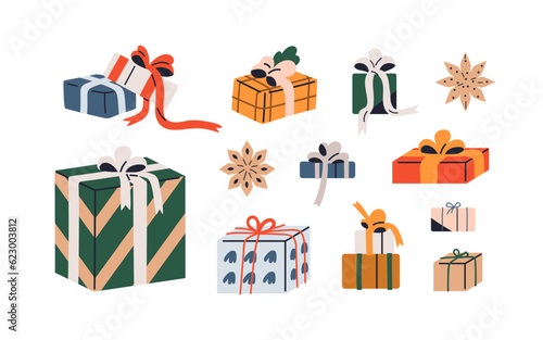 Gift boxes set. Holiday presents wrapped in festive paper wrapping, decorated with ribbon bows, strings and twines. Surprises in giftboxes. Flat vector illustrations isolated on white background