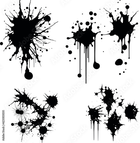 Abstract black ink splashes collection. Ink drops and splashes. Blotter spots  liquid paint drip drop splash and ink splatter. Artistic dirty grunge abstract spot vector set. Splat messy inkblot