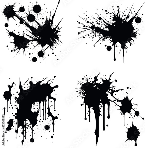 Abstract black ink splashes collection. Ink drops and splashes. Blotter spots, liquid paint drip drop splash and ink splatter. Artistic dirty grunge abstract spot vector set. Splat messy inkblot