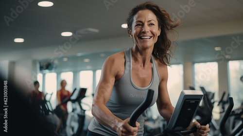 middle aged woman doing a spinning class at a gym. aged woman working out exercising on a treadmill in a gym. mood fun.