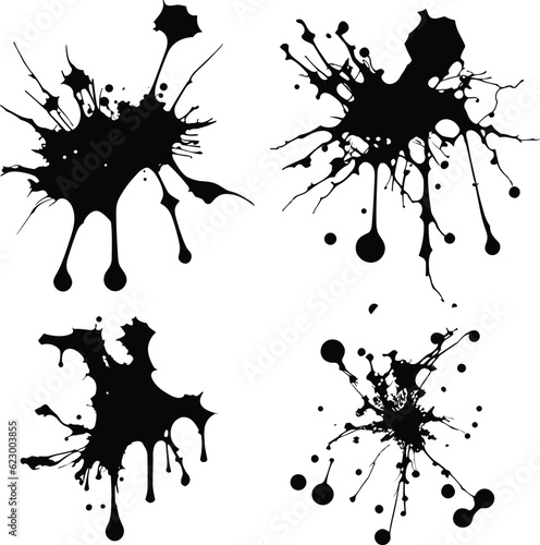 Abstract black ink splashes collection. Ink drops and splashes. Blotter spots, liquid paint drip drop splash and ink splatter. Artistic dirty grunge abstract spot vector set. Splat messy inkblot