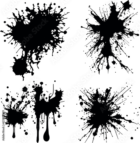 Abstract black ink splashes collection. Ink drops and splashes. Blotter spots, liquid paint drip drop splash and ink splatter. Artistic dirty grunge abstract spot vector set. Splat messy inkblot