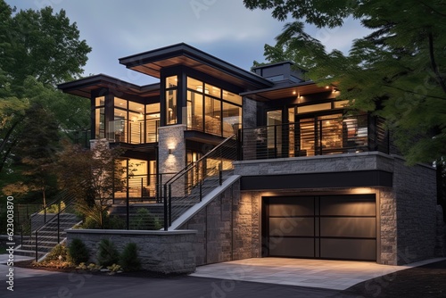 Cutting-Edge Design: Opulent New Property with Dark Gray Siding, Natural Stone Staircase, and Two-Car Garage, generative AI