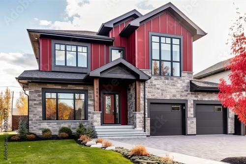 Spacious Front Yard, Double Garage, Red Siding: A Stylish Modern New Construction House with Natural Stone Features, generative AI