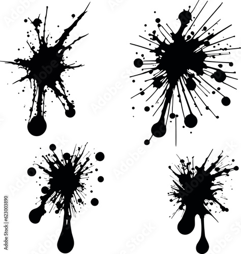 Abstract black ink splashes collection. Ink drops and splashes. Blotter spots, liquid paint drip drop splash and ink splatter. Artistic dirty grunge abstract spot vector set. Splat messy inkblot