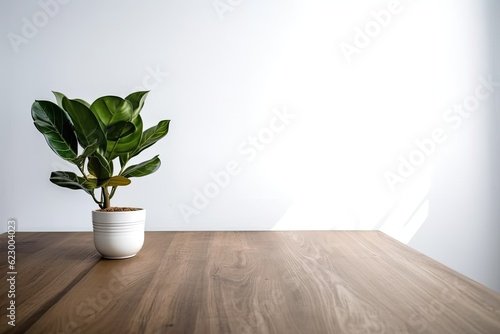 White background with an empty table including a little plant and a wooden dummy. Generative AI