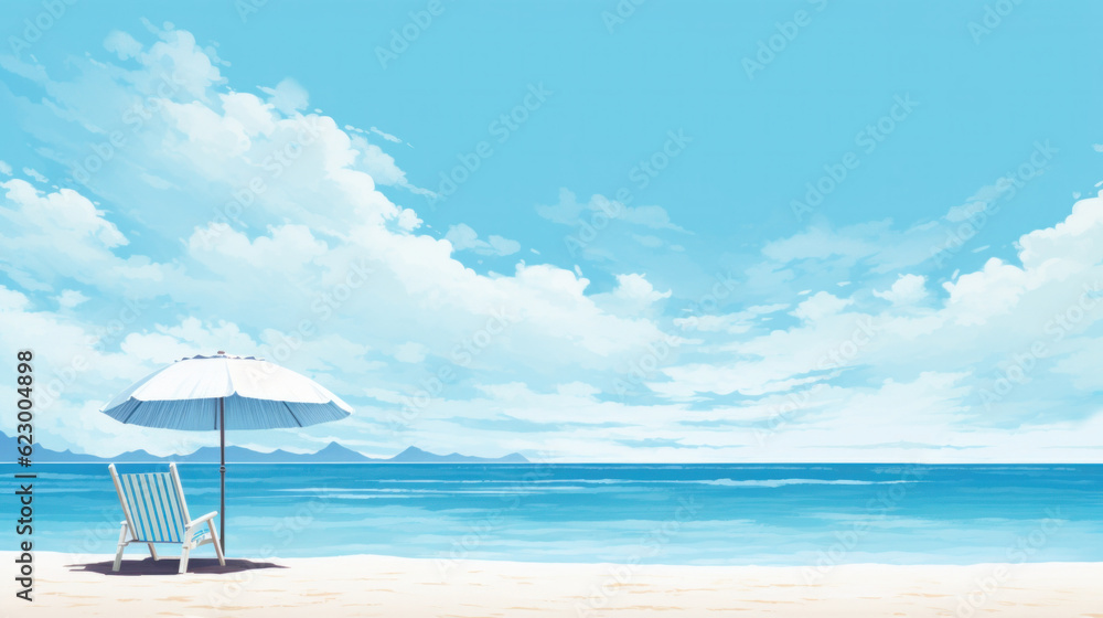 Beach with a beach umbrella watercolor painting.