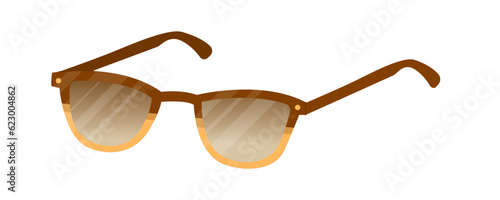 Classic glasses for the visually impaired people with a slight gradient coating on the lenses. Yellow-brown modern frame. Eye protection from ultraviolet radiation. Vector illustration isolated.