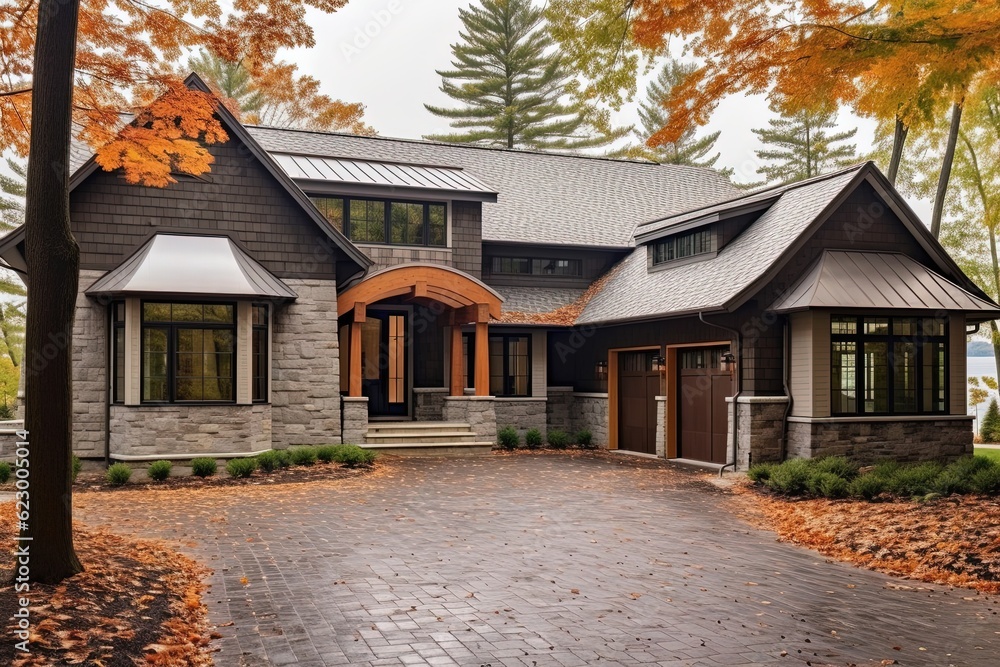 Stylish, Sophisticated New Build Property: Three-Car Garage, Light Green Siding, and Natural Stone Walls, generative AI Stylish, Sophisticated New Build Property: Three-Car Garage, Light Green Siding, and Natural Stone Walls, generative AI