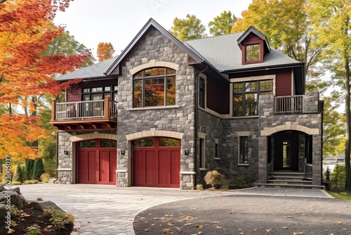 Stylish Design: Sophisticated New Build Property with Three-Car Garage, Red Siding, and Natural Stone Walls, generative AI