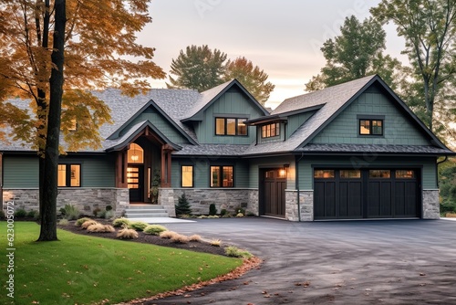 Stylish Design, Sophisticated New Build Property with Three-Car Garage and Light Green Siding, Enhanced by Natural Stone Walls, generative AI © Michael