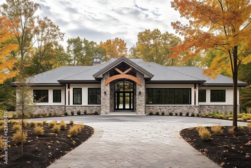 Stylish Design & Sophistication: Light Gray Siding & Natural Stone Walls Accentuate This New Build Property with 3-Car Garage, generative AI