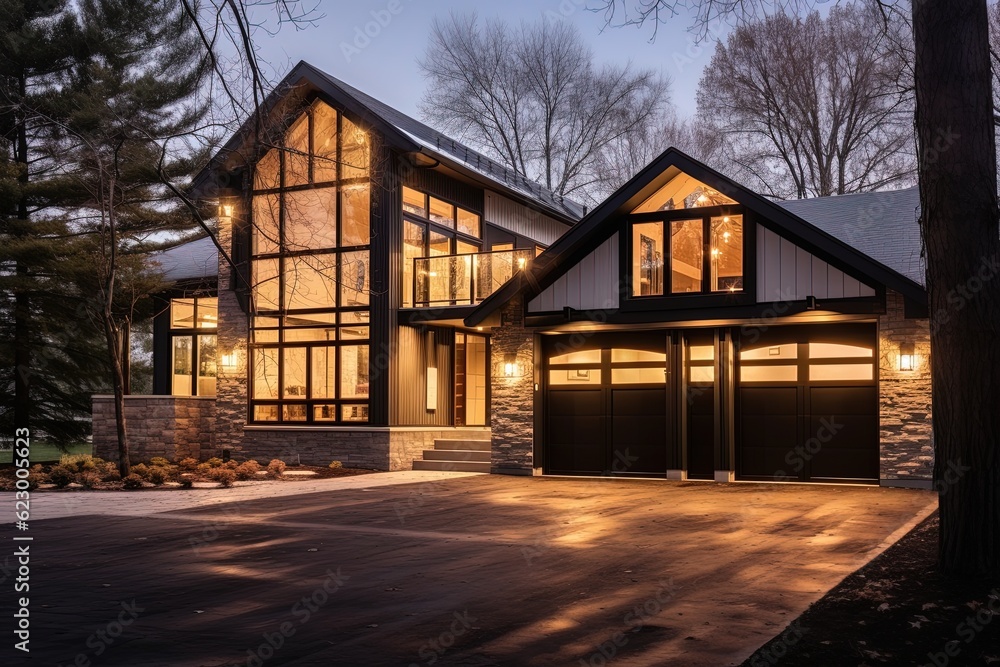 Stylish Design: Sophisticated New Build Property with Three-Car Garage, Bronze Siding, and Natural Stone Walls, generative AI Stylish Design: Sophisticated New Build Property with Three-Car Garage, Bronze Siding, and Natural Stone Walls, generative AI