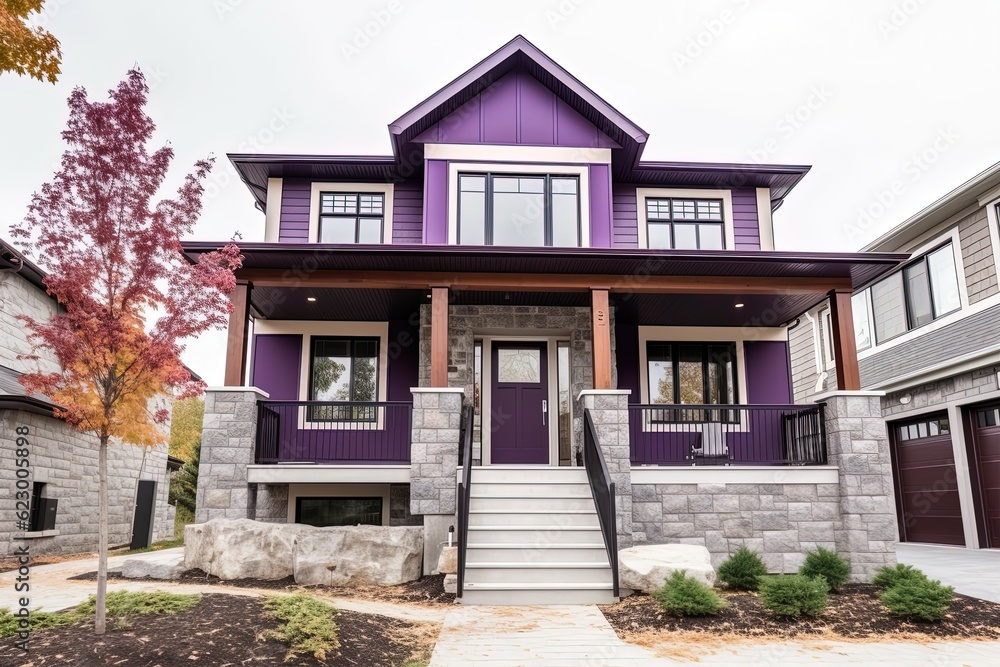Upscale New Development Home: Avant-Garde Aesthetic with Single Car Garage, Purple Siding, and Natural Stone Porch, generative AI Upscale New Development Home: Avant-Garde Aesthetic with Single Car Garage, Purple Siding, and Natural Stone Porch, generative AI
