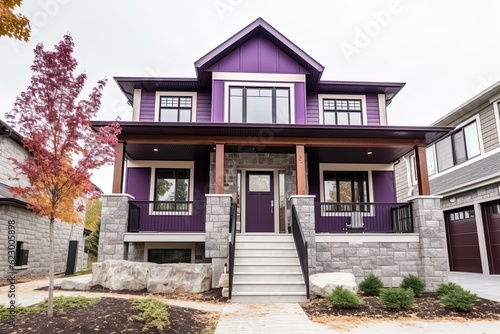 Upscale New Development Home: Avant-Garde Aesthetic with Single Car Garage, Purple Siding, and Natural Stone Porch, generative AI