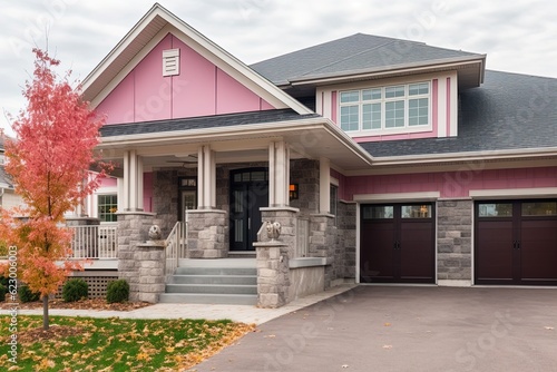 Avant-Garde Aesthetic Meets Upscale New Development: Pink-Sided Home with Single Car Garage and Natural Stone Porch, generative AI