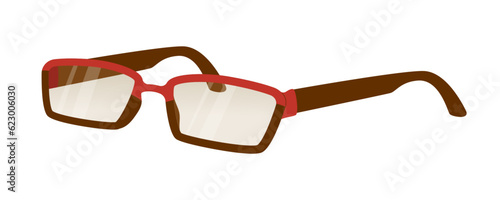 Classic glasses for the visually impaired with a slight gradient coating on the lenses. Red-brown modern frame. Eye protection from ultraviolet radiation. Vector illustration isolated.
