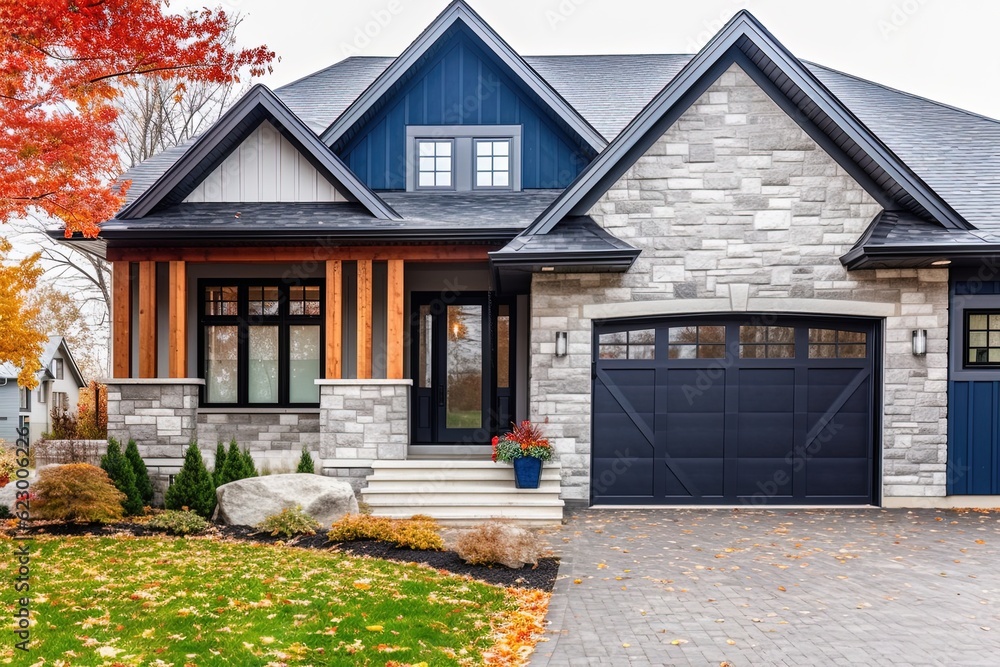 Upscale New Development Home: Avant-Garde Aesthetic with Single Car Garage, Dark Blue Siding, and Natural Stone Porch, generative AI Upscale New Development Home: Avant-Garde Aesthetic with Single Car Garage, Dark Blue Siding, and Natural Stone Porch, generative AI