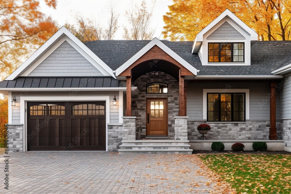 Upscale New Development Home: Avant-Garde Aesthetic with Single Car Garage, Light Gray Siding, and Natural Stone Porch, generative AI Upscale New Development Home: Avant-Garde Aesthetic with Single Car Garage, Light Gray Siding, and Natural Stone Porch, generative AI