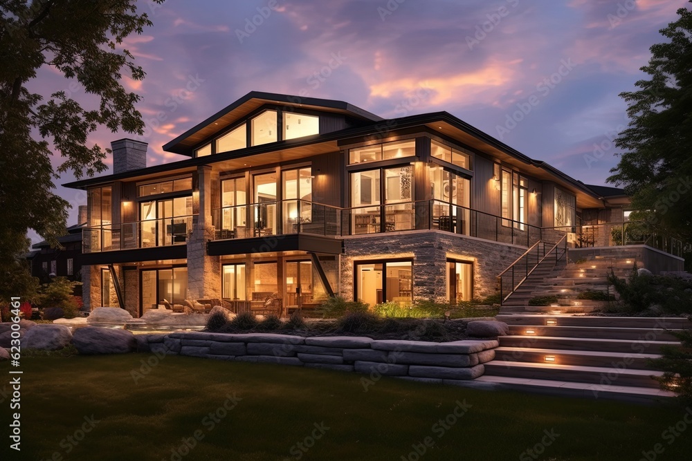 Cutting-Edge Styling: Vibrant Fresh Construction Residence with Double Garage, Lime Green Siding, and Natural Stone Elements, generative AI Cutting-Edge Styling: Vibrant Fresh Construction Residence with Double Garage, Lime Green Siding, and Natural Stone Elements, generative AI