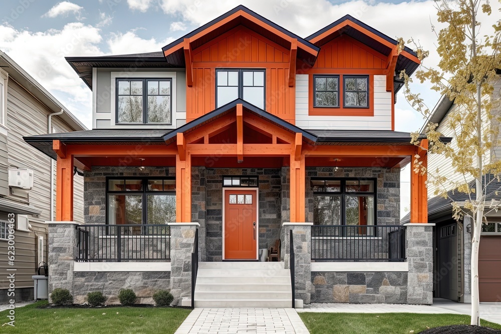 Upscale New Development Home: Avant-Garde Aesthetic, Orange Siding, Natural Stone Porch, Single Car Garage, generative AI Upscale New Development Home: Avant-Garde Aesthetic, Orange Siding, Natural Stone Porch, Single Car Garage, generative AI