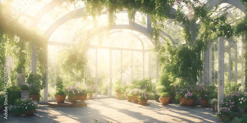 Glass white greenhouse with windows and plants.