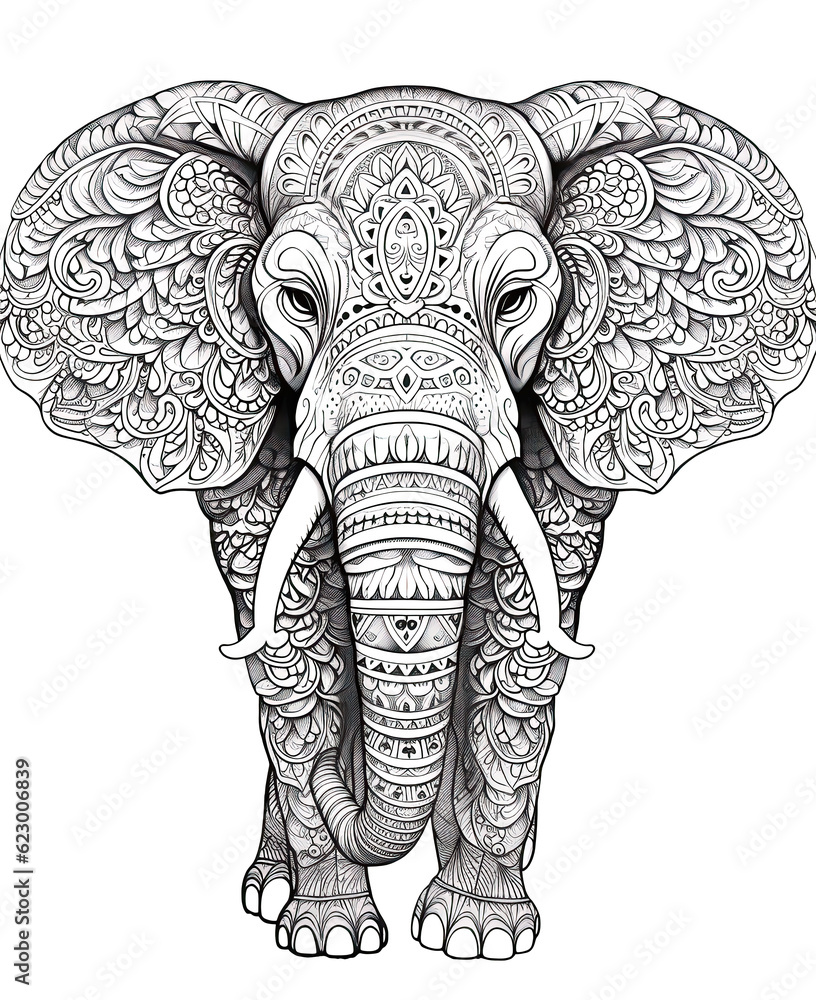 Obraz premium Mandala, black and white illustration for coloring animals, elephant.