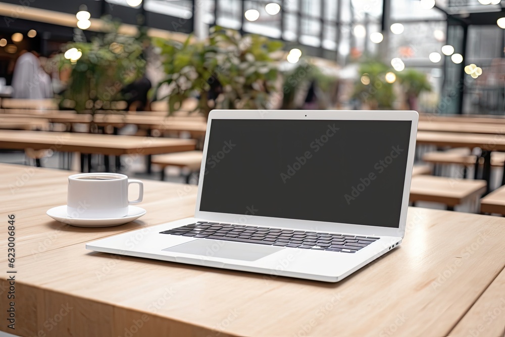A mockup of a laptop with a white blank screen is seen on a wooden table against a bright mall background. Generative AI