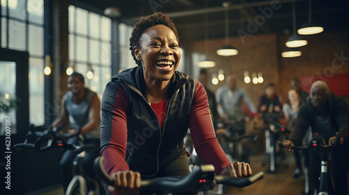 middle aged woman doing a spinning class at a gym. aged woman working out exercising on a treadmill in a gym. mood fun.