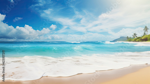 Landscape seascape summer vacation holiday waves surf travel tropical sea background panorama - Turquoise ocean sand beach, coastline, seascape from above, drone shot style, sunshine © Sasint