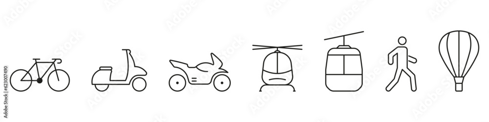 Transportation Line Icon Set. Delivery Service Vehicle Linear Pictogram. Scooter, Cable Car, Helicopter, Motorcycle, Bike, Moped Symbol. Traffic Sign. Editable Stroke. Isolated Vector Illustration Transportation Line Icon Set. Delivery Service Vehicle Linear Pictogram. Scooter, Cable Car, Helicopter, Motorcycle, Bike, Moped Symbol. Traffic Sign. Editable Stroke. Isolated Vector Illustration