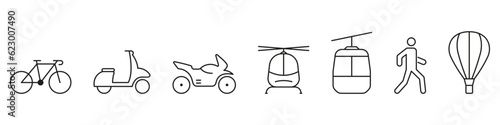 Transportation Line Icon Set. Delivery Service Vehicle Linear Pictogram. Scooter, Cable Car, Helicopter, Motorcycle, Bike, Moped Symbol. Traffic Sign. Editable Stroke. Isolated Vector Illustration