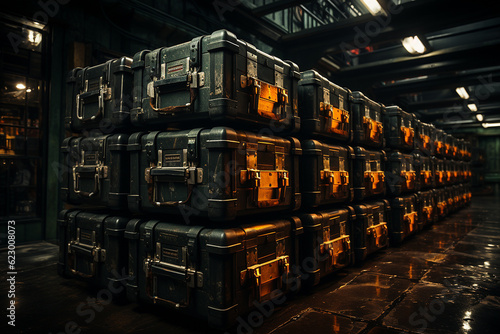Warehouse of military equipment. A large number of identical containers with high-precision warheads and high-tech ammunition. Modern weapons. photo