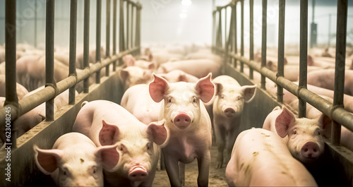 Murais de parede Indoor pig farm. Livestock breeding. The farm pigs.