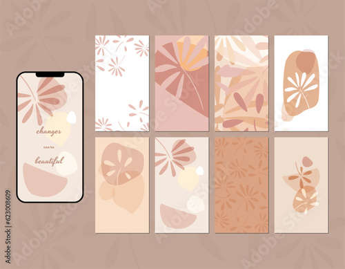 Social media story layout in shades of delicate pastel beige and pale brown, pink, orange. Fern leaves. Abstract shapes, tropical leaves, spots, lines, checkered pattern.