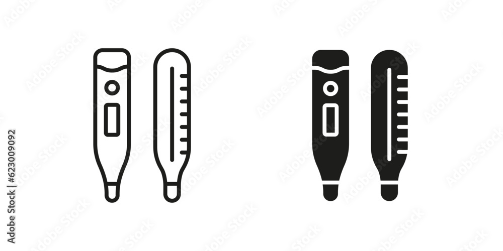 Thermometer Line and Silhouette Black Icon Set. Medical Tool for Temperature Control Pictogram. Electronic and Mercury Thermometer Symbol Collection. Isolated Vector Illustration Thermometer Line and Silhouette Black Icon Set. Medical Tool for Temperature Control Pictogram. Electronic and Mercury Thermometer Symbol Collection. Isolated Vector Illustration