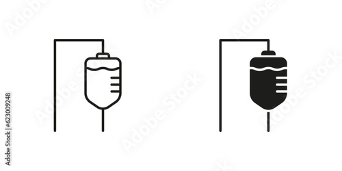 Iv Drip Line and Silhouette Black Icon Set. Infusion Medication Aid Symbol Collection. Infusion Medical Bag Pictogram. Medicine Treatment, Intravenous Injection Sign. Isolated Vector Illustration
